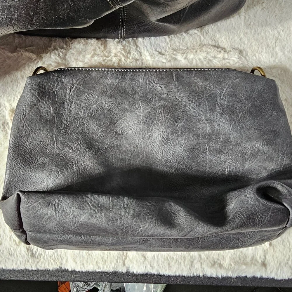 NWOT Black Gray Faux Leather Hobo Bag w/ Makeup Bag Crossbody